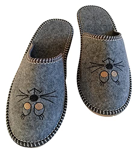 Baffiks Damen Filz Hausschuhe Katzen Grau Pantoletten Pantoffeln Kätzchen Women's Slippers Einzigartiges Design Filzpantoffeln (39) von Baffiks
