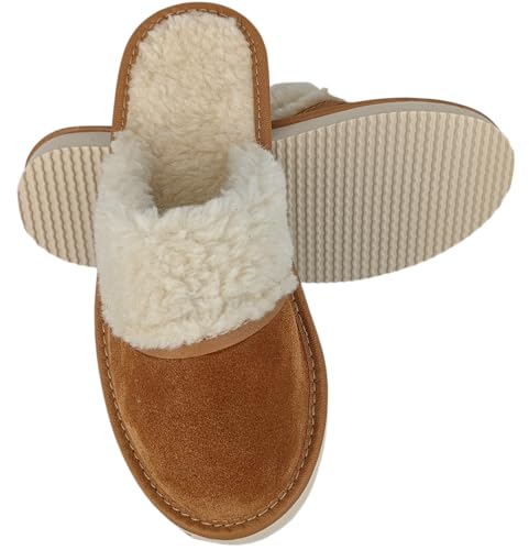 Baffiks Damen Hausschuhe Leder Wildleder mit Natur Fell Neturfell Pantoletten Pantoffeln Fell Sohle Warm Sohle Women's Slippers (Braun, 36) von Baffiks