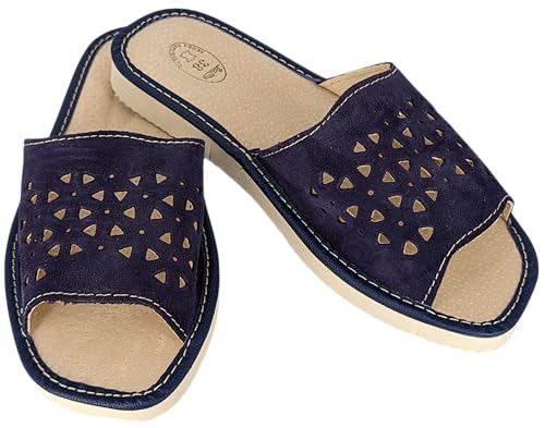 Baffiks Hausschuhe Damen Wildleder Pantoffeln Naturleder mit Offene Zehen Hausschuhe Sommer (Marineblau, EU Schuhgrößensystem, Erwachsene, Damen, Numerisch, M, 39) von Baffiks