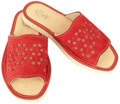 Baffiks Hausschuhe Damen Wildleder Pantoffeln Naturleder mit Offene Zehen Hausschuhe Sommer (Rot, EU Schuhgrößensystem, Erwachsene, Damen, Numerisch, M, 36) von Baffiks