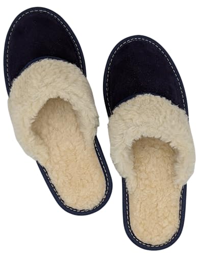 Baffiks Hausschuhe Damen Wildleder mit Naturfell Pantoffeln Naturleder Hausschuhe Winter (Marineblau, EU Schuhgrößensystem, Erwachsene, Damen, Numerisch, M, 37) von Baffiks