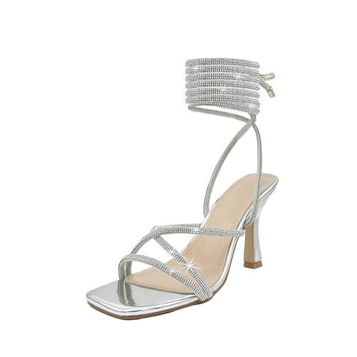 Baffoloo Damen Knöchelriemchen Strass Stiletto High Heels SquareToe Sandalen, Glänzendes Silber, 39 EU von Baffoloo