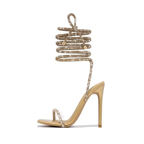 Baffoloo Damen-Sandalen mit Diamant-Stilen, zum Schnüren, glitzernd, glitzernd, Knöchelriemchen, Gold, 38.5 EU von Baffoloo