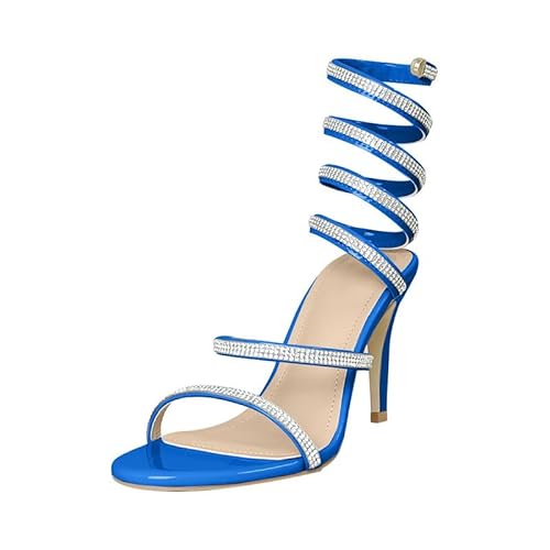 Baffoloo Damen-Sandalen mit Strasssteinen, glitzernde Absätze für Damen, Knöchelriemchenschuhe, Blau, 38 EU von Baffoloo