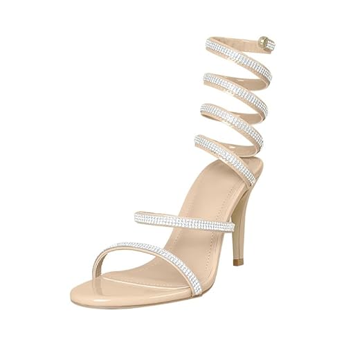 Baffoloo Damen-Sandalen mit Strasssteinen, glitzernde Absätze für Damen, Knöchelriemchenschuhe, Hautfarben, 37.5 EU von Baffoloo