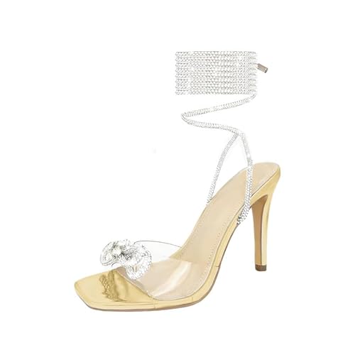 Baffoloo Damen-Sandalen mit glitzernden Strasssteinen, Riemchen, Kristallschleifen, glänzende Absätze für Damen, Gold, 40.5 EU von Baffoloo