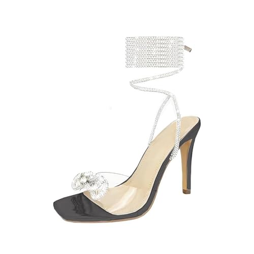 Baffoloo Damen-Sandalen mit glitzernden Strasssteinen, Riemchen, Kristallschleifen, glänzende Absätze für Damen, Schwarz, 38.5 EU von Baffoloo