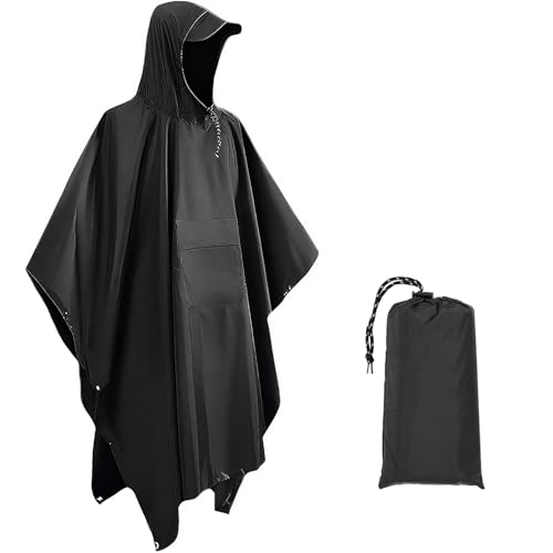 Bafiwu Schwarzer Regenponcho Herren & Damen – 3-in-1 Regencape wasserdicht für Outdoor, Camping & Wandern – Faltbarer Rain Poncho mit Tasche & Kapuze von Bafiwu