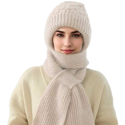 Damenmütze, winddicht, mit integrierter Lasche, Gehörschutz, Wintermütze, warm, 2-in-1, Wintermütze, Strickmütze, dick, Wintermütze, Haferfarben, One size von Bafiwu