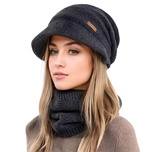 Mütze Damen, Mütze Damen Winter Mit Schal Mit Schal Herbst EIN Kombinationsset, Winter Beanie Damen Schal Und Mütze Set Mit Visier Weichem Innenfutter GefüTterte von Bafiwu