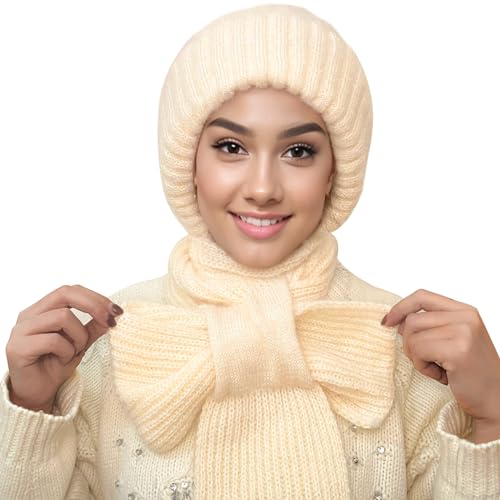 Schal Mütze 2 in 1, Integrierter Gehörschutz Winddichte Mütze Schal,Wärme Winddichte Mütze Schal,Winter Stricken Winddichte Mütze Mit Schal Outdoor- und Alltagskleidung für Damen und Mädchen (Beige) von Bafiwu