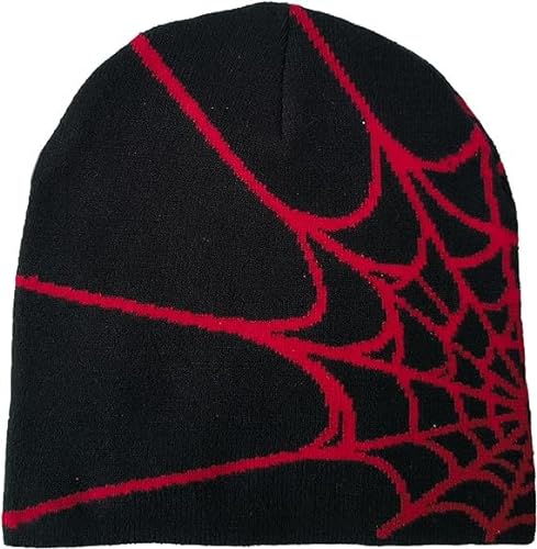 Spider Web Hat Beanie Y2k, Mode Spide-Man Beanie Spider Mütze,Warme Y2k Mütze Y2k Beanie Strickmütze,Hip Hop Y2k Beanie Spider Beanie für Herren Damen (Acryl, Schwarz Rot) von Bafiwu