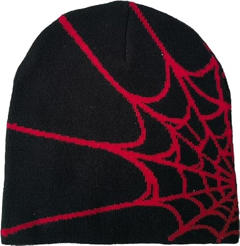 Spider Web Y2k Beanie Mütze, Mode Strickmütze, Warme Hip Hop Kopfbedeckung für Herren und Damen (Acryl, Schwarz Rot) von Bafiwu