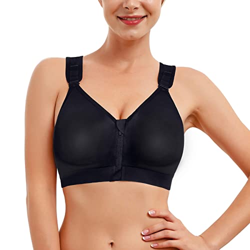 Bafully Damen Postoperativer Halt Sport BH Vorderverschluss Racerback Abnehmbar Gepolsterter BH(Schwarz, L) von Bafully