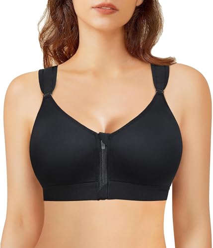 Bafully Damen Postoperativer Halt Sport BH Vorderverschluss Racerback Abnehmbar Gepolsterter BH(Schwarz, XXL) von Bafully