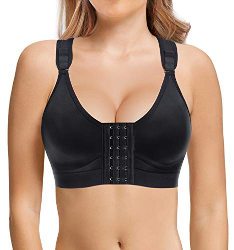 Bafully Postoperativer Halt Sport BH für Damen Vorderverschluss Racerback Abnehmbar Gepolsterter BH (Schwarz, 2XL) von Bafully