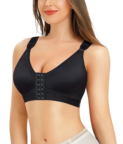Bafully Postoperativer Halt Sport BH für Damen Vorderverschluss Racerback Abnehmbar Gepolsterter BH (Schwarz, XL) von Bafully