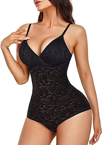 Body Shaper Damen Bauchweg Shapewear Miederbody Stark Formend Figurformende Shaping Body mit V-Ausschnitt BH Bodysuit Spitze Sexy (Schwarz, M) von Bafully