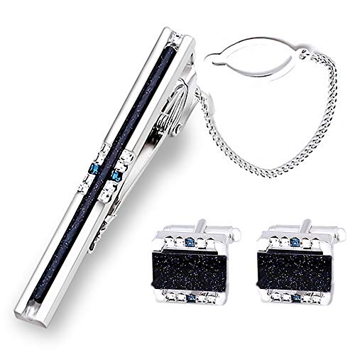 BagTu Shinning Galaxy Stone Manschettenknöpfe und Krawattenklammer-Set mit Geschenkbox und Grußkarte, Strip Galaxy Dark Blue Manschettenknöpfe und Krawattenklammer-Geschenkset für Herren von BagTu