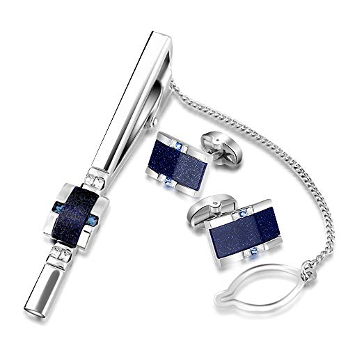 BagTu Sternenhimmel Manschettenknöpfe und Krawattenklammer Set mit Geschenkbox und Grußkarte, Galaxy Dunkelblau Manschettenknöpfe und Krawattenklammer Geschenkset für Männer (Krawattennadel) von BagTu