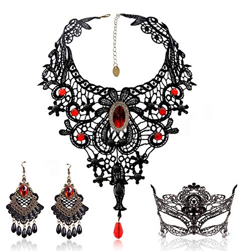 Schwarze Spitze Halskette und Ohrringe Set ， BagTu Gothic Lolita Red Anhänger Halsband für ein Halloween-Kostüm und Hochzeit von BagTu