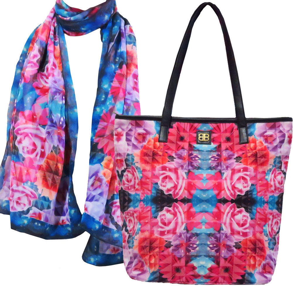 Schultertasche Georgette Fashion Schal Bagabook Pink & Cerise Bouquet Floral Design Set von BagabookBoutique