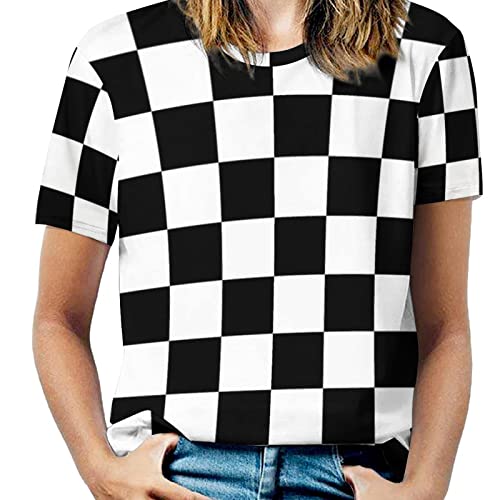 Bagea-Ka Schwarz Weiß Rennen Kariert Flagge Muster Frauen Grafik gedruckt T-Shirt Kurzarm Casual Tees Tops, Stil, X-Groß von Bagea-Ka