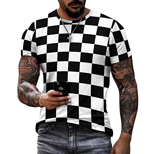 Herren Baumwolle T-Shirt - Schwarz Weiß Rennen Kariert Flagge Muster Casual Grafik Rundhalsausschnitt Kurzarm Tees Tops, Stil, XL von Bagea-Ka