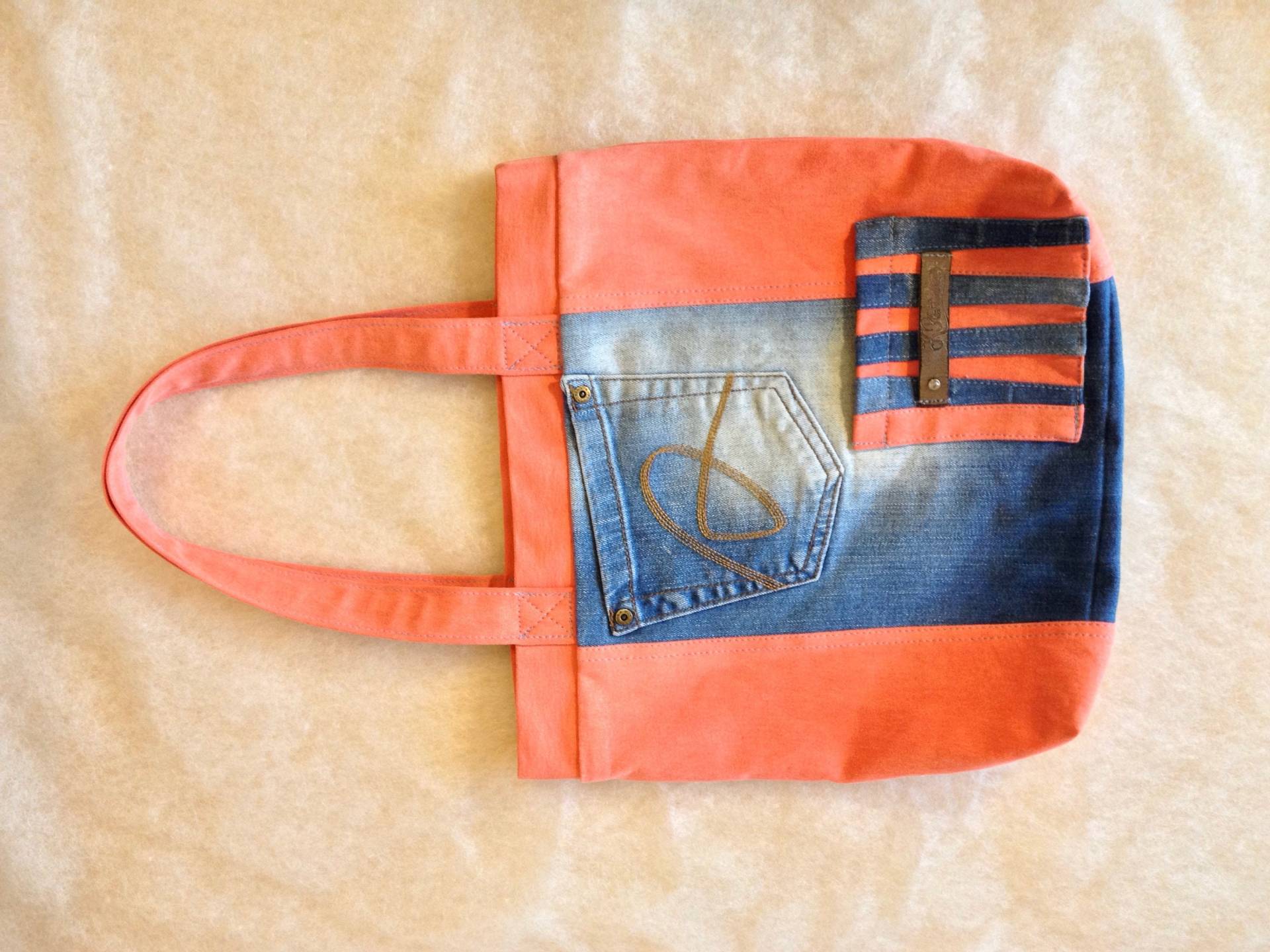 Orangefarbene Jeans-Tasche - Sommertasche Für Frauen, Aus Recycelter Baumwolle, Gefüttert, Mit Taschen von Baggain