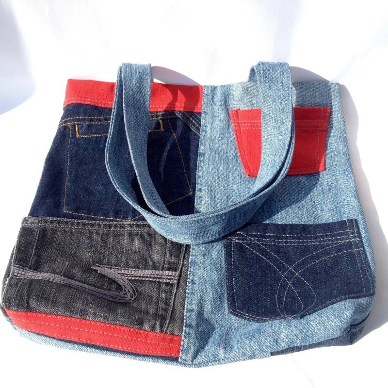 Upcycled Denim Tasche Mit Taschen Und Schlüsselanhänger Wiederverwendbare Einkaufstasche, Lebensmittelgeschäft, Strandtasche - Geschenk Für von Baggain
