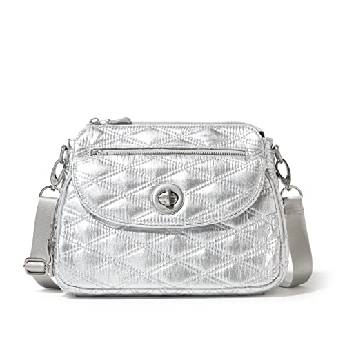 Baggallini Damen Crossbody-Tasche, 25,4 X 17,8 cm, Leicht, Wasserabweisend, RFID-Schutz und Innenorganisation Calais Umhängetasche, Silber-metallische Steppdecke von Baggallini