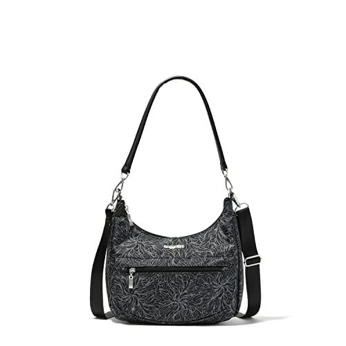 Baggallini Damen Modern Pocket Half Moon 11"x10.5" Shoulder for Women W/Replaceable Straps Converts to Crossbody Bag Moderne Halbmond-Tasche, Midnight Blossom Print von Baggallini