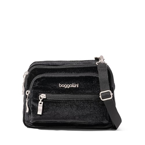 Baggallini Damen Triple Zip Small Crossbody for Women-8x6 Inch Convertible Fanny Pack Belt Bag-Lightweight Water-Resistant Tasche mit 3 Reißverschlüssen, Schwarzer Samt von Baggallini