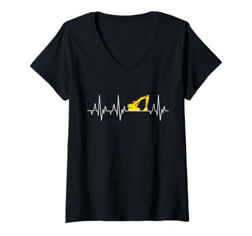 Damen Bagger Herzschlag Baggerfahrer Baustelle EKG Bauarbeiter T-Shirt mit V-Ausschnitt Damen Bagger Herzschlag Baggerfahrer Baustelle EKG Bauarbeiter T-Shirt mit V-Ausschnitt von Bagger Baustelle Baggerfahrer Baggerführer Motive