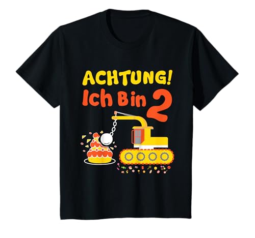Kinder Bagger Jungen Achtung 2 Jahre Abrissbirne Kran Geburtstag T-Shirt von Baustelle Raupe Torte 2. Geburtstag Junge Geschenk