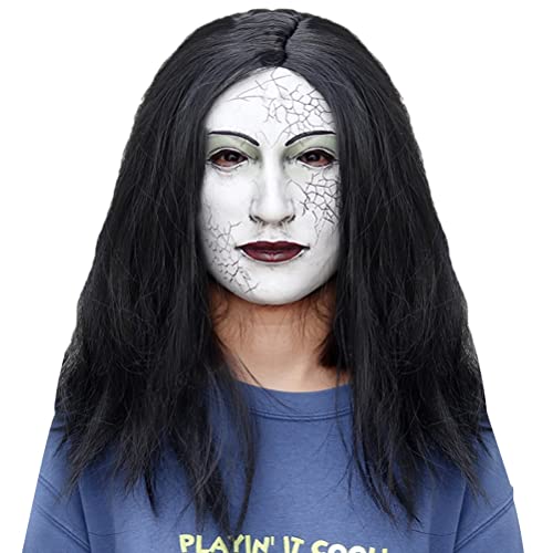 BagimaHalloween Creepy Woman Face Cover mit Langhaarperücken Scary Female Ghost Full Head Face Cover Halloween Party Cosplay Kostüm Requisiten von Bagima