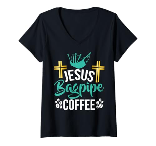 Damen Jesus Dudelsack Kaffee Dudelsack T-Shirt mit V-Ausschnitt von Bagpipe Gifts & Bagpiper Gifts
