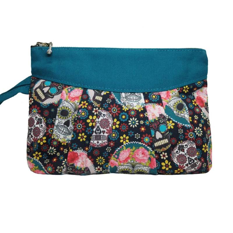 Jeans - Oder Türkis-Clutch Mit Totenkopf-Print Von Loli. Abendtasche. Kosmetiktasche. Rockabilly-Geldbörsen. Tod Jeans - Oder Türkis-Clutch Mit Totenkopf-Print Von Loli. Abendtasche. Kosmetiktasche. Rockabilly-Geldbörsen. Tod von BagsByLoli