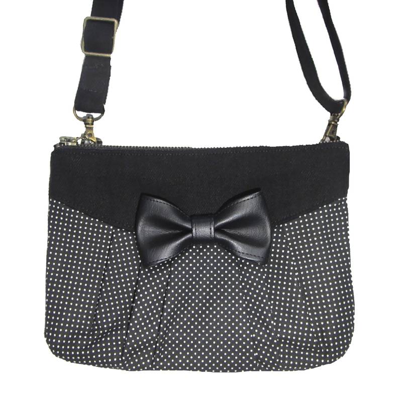 Mulifon-Cover 3 in 1. Schwarze Tasche Weiße Erbsen Mit Schleife Aus Leder. Mit Schulter, Taille Oder Hand Getragen Mulifon-Cover 3 in 1. Schwarze Tasche Weiße Erbsen Mit Schleife Aus Leder. Mit Schulter, Taille Oder Hand Getragen von BagsByLoli