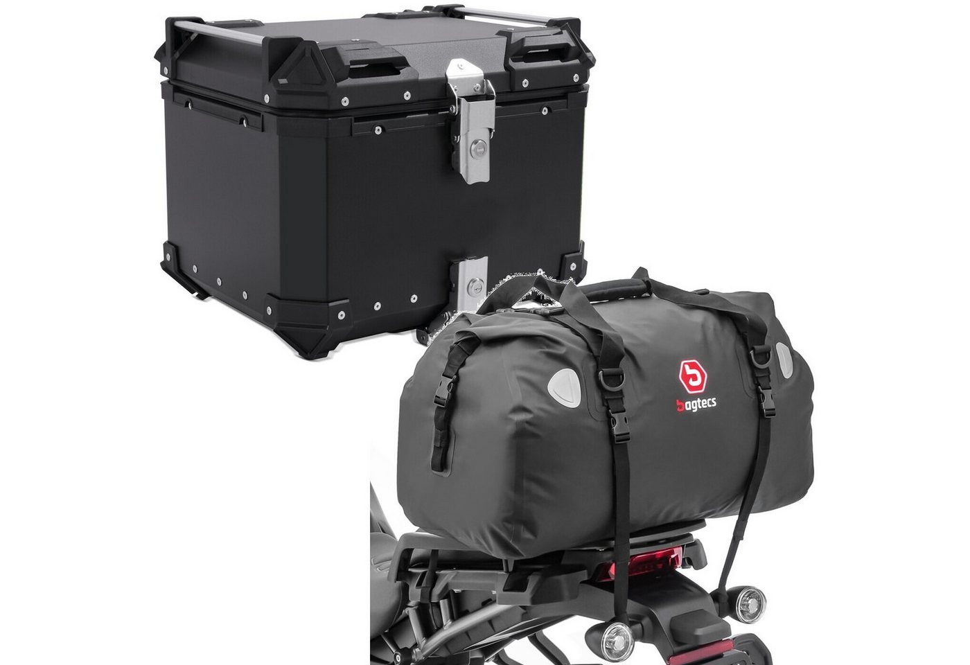 Bagtecs Reisetasche Set: Motorrad Alu Topcase XB55 Alu univ. 55 Liter sw # mit Motorrad He von Bagtecs
