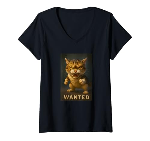 Damen Cool Wanted Funny Wild Fury cat Illustration Graphic Designs T-Shirt mit V-Ausschnitt von Bahaa's Tee