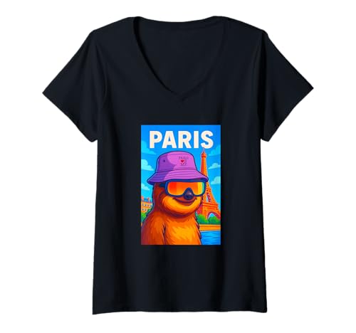 Damen I Love Paris, Cool Paris Lazy Sloth Cartoon Illustration T-Shirt mit V-Ausschnitt Damen I Love Paris, Cool Paris Lazy Sloth Cartoon Illustration T-Shirt mit V-Ausschnitt von Bahaa's Tee