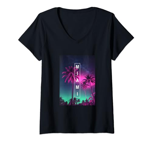 Damen Ich liebe Miami & Miami liebt mich, Cool Miami Palms Vibes T-Shirt mit V-Ausschnitt von Bahaa's Tee