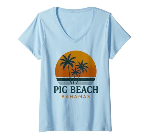 Damen Pig Beach Bahamas Vintage-Urlaub bei tropischem Sonnenuntergang auf den Bahamas T-Shirt mit V-Ausschnitt von Bahamas Flag Designs Proud Bahamian Roots