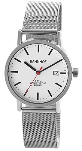 Bahnhof Herren Armband Uhr Weiß Analog Datum Meshband Metall Milanaise Quarz von Bahnhof