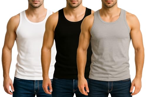 Bahob® Herren Unterhemd Multipack Lot Basic Regular Fit Baumwolle Tank Top Athletic Soft Sortiert 3 Stück Gr. XXL, 3 Pack Black White Grey von Bahob
