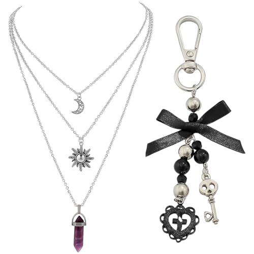 2 Stück Goth Schmuck Set, Grunge Emo Accessoires, Witch Hexen Zubehör, Gothic Schmuck für Y2K Fashion, 1 Schlüsselanhänger + 1 Halskette mit Hexagonalem Amethyst Anhänger von BaiDekun