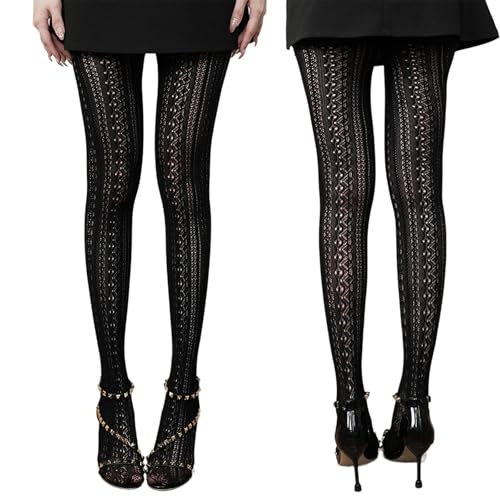 2 Trachtenstrümpfe Damen, Strumpfhose Schwarz Muster, Tanzstrumpfhose Damen mit Spitzen Design für Oktoberfest, Fasching, Karneval, Trachtenstrumpfhose Damen mit Zopfmuster, Bequem und Elastisch von BaiDekun