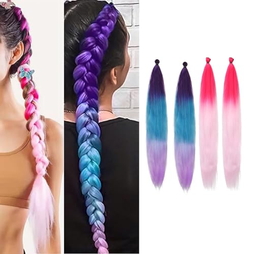 4 Stk Kunsthaar zum Einflechten 70 cm - Haarsträhnen zum Einflechten mit Haargummis, geflochtene Zopf-Extensions in Blau-Lila & Rosa-Rot, hochwertige Braids für Kinder, Party, Karneval & Urlaub von BaiDekun