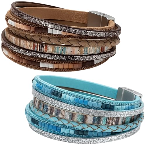 BaiDekun 2 Schmucksets Für Damen, Lederarmband Damen Mit Perlen, Boho Style Armband Set, Western Outfit, Lederketten, 2er Set Kaki Und Blau von BaiDekun